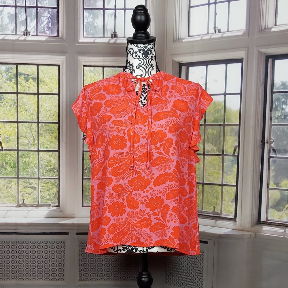 NWOT ANN TAYLOR CORAL & PINK RUFFLE SLEEVE TOP (S)
